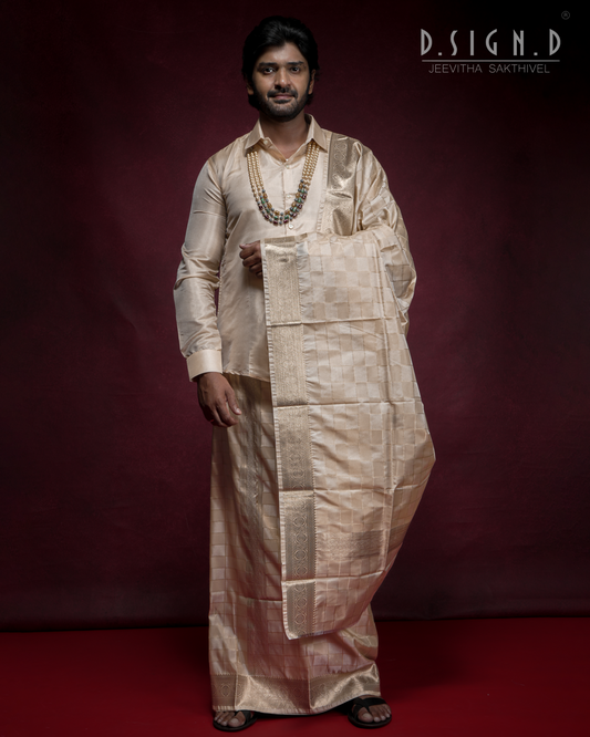 GOLD PATTU KATTAM FINE SILK TISSUE DHOTI SET (Bridal)