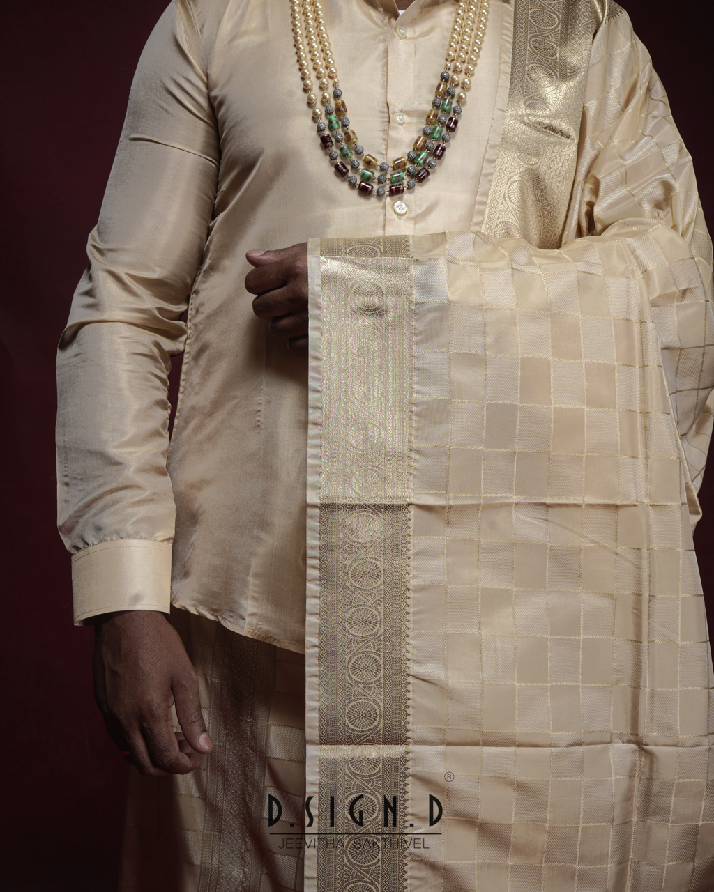GOLD PATTU KATTAM FINE SILK TISSUE DHOTI SET (Bridal)