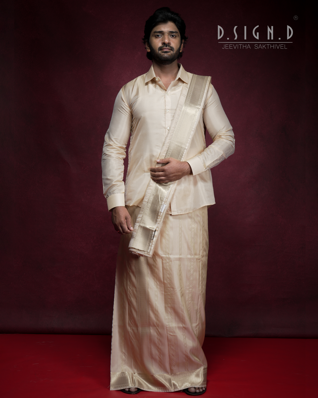 Vastra Gold Pin Stripes Fine silk dhoti Set - Bridal