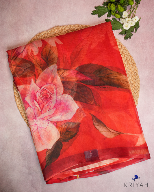 Printed Organza Saree - Red
