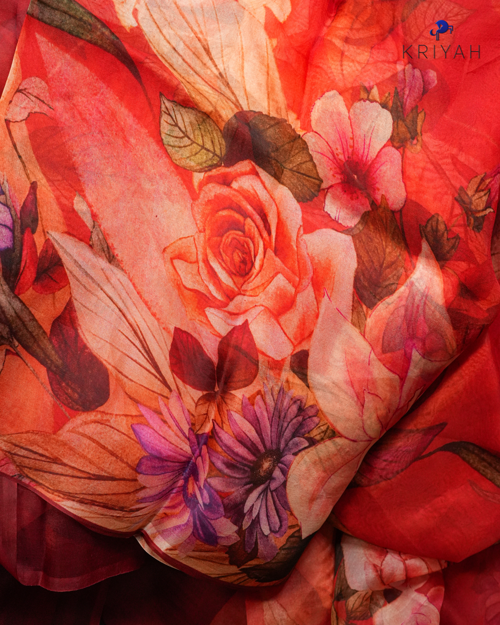 Printed Organza Saree - Red