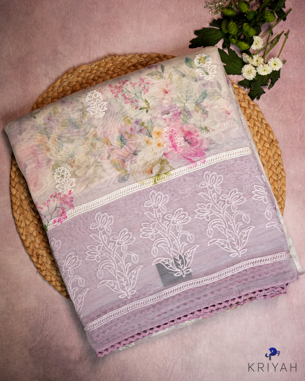 Embroidered Organza Saree - Lilac
