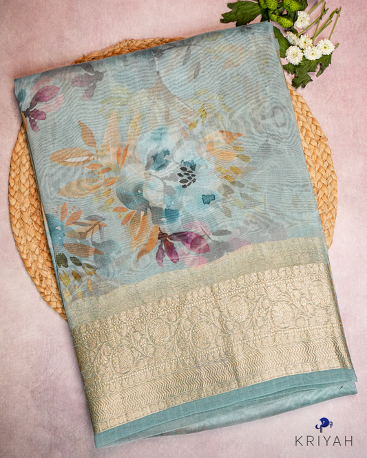 Printed Organza Saree - Powder Blue