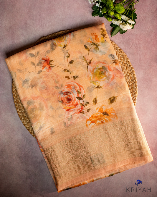 Printed Organza Saree - Peach
