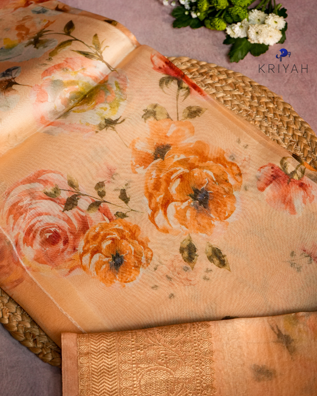 Printed Organza Saree - Peach