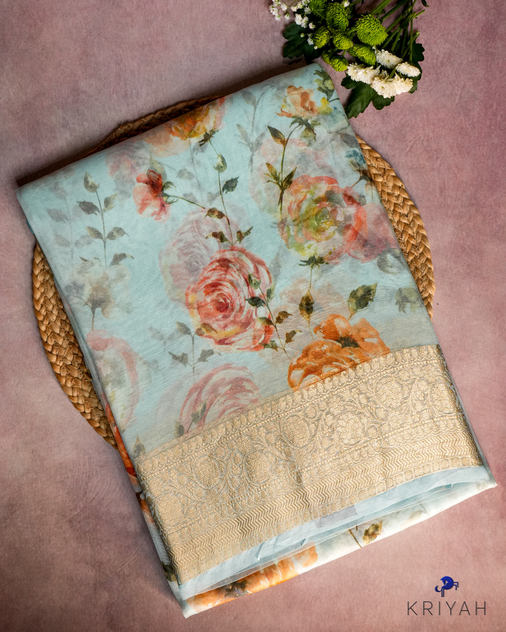 Printed Organza Saree - Light Blue