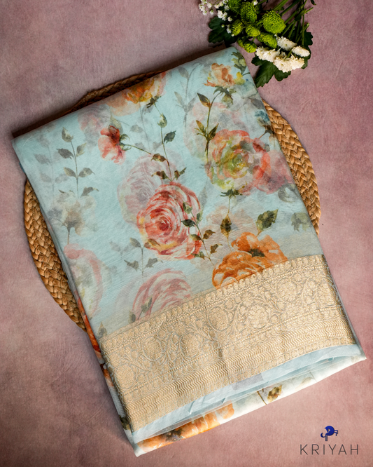 Printed Organza Saree - Light Blue
