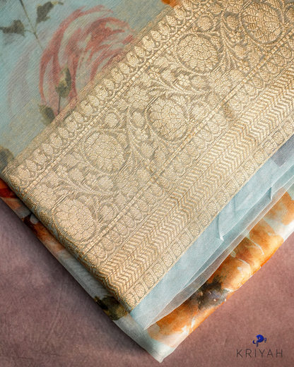 Printed Organza Saree - Light Blue