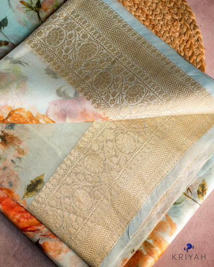 Printed Organza Saree - Light Blue