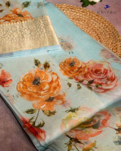 Printed Organza Saree - Light Blue