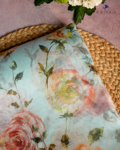 Printed Organza Saree - Light Blue