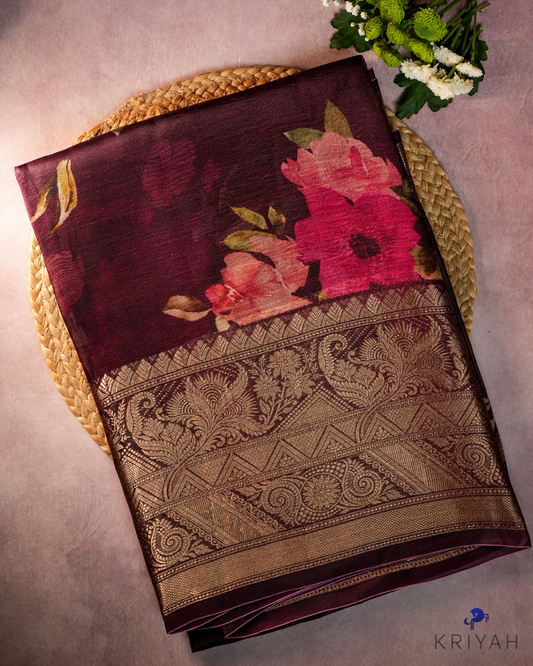 Printed Organza Saree - Burgendy