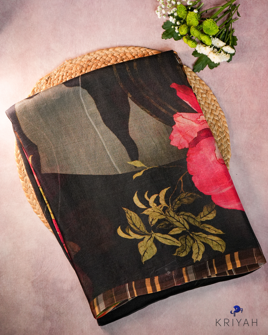 Printed Organza Saree - Black