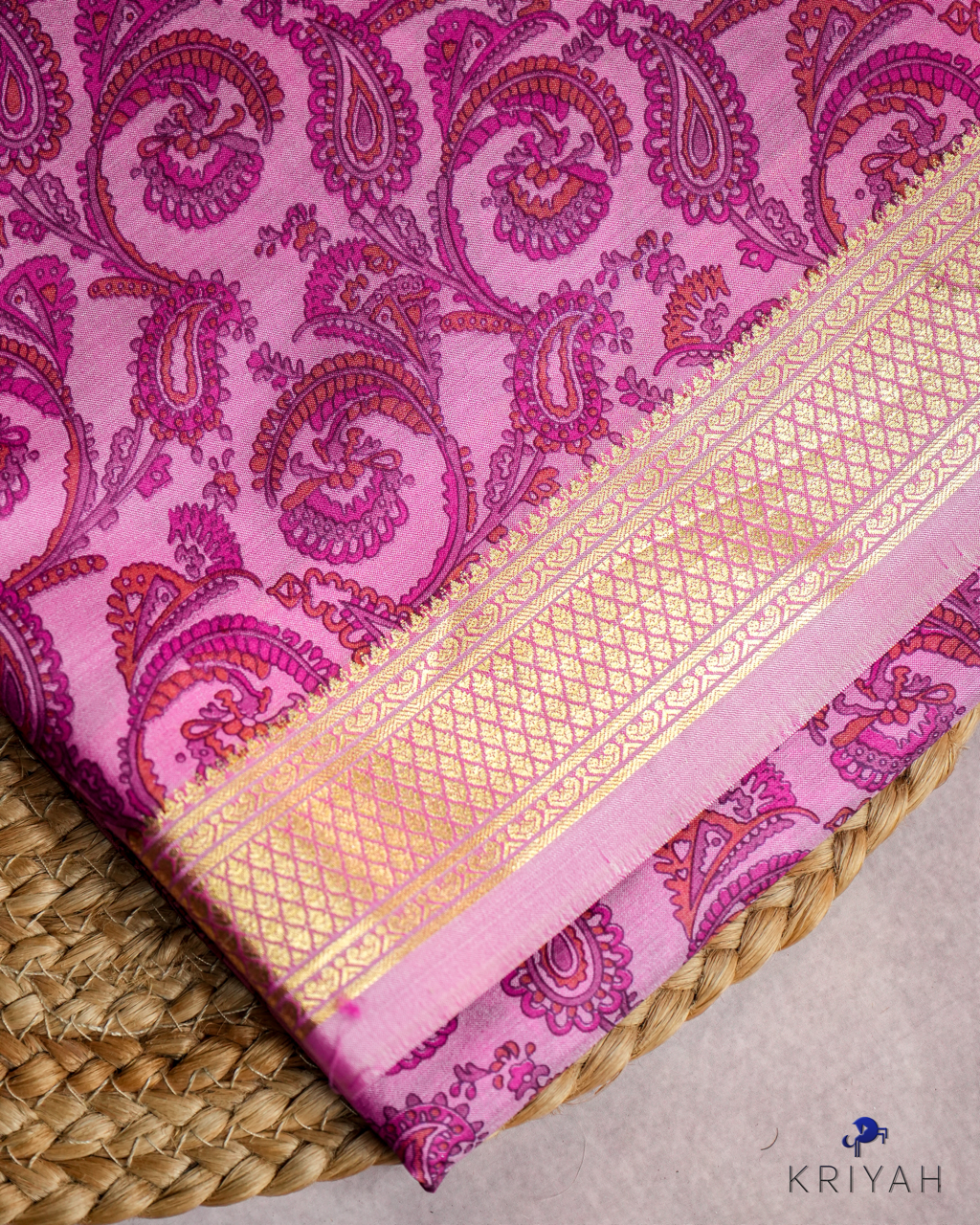 PAISLEY PRINTED SILK WITH BORDER - DARK PINK