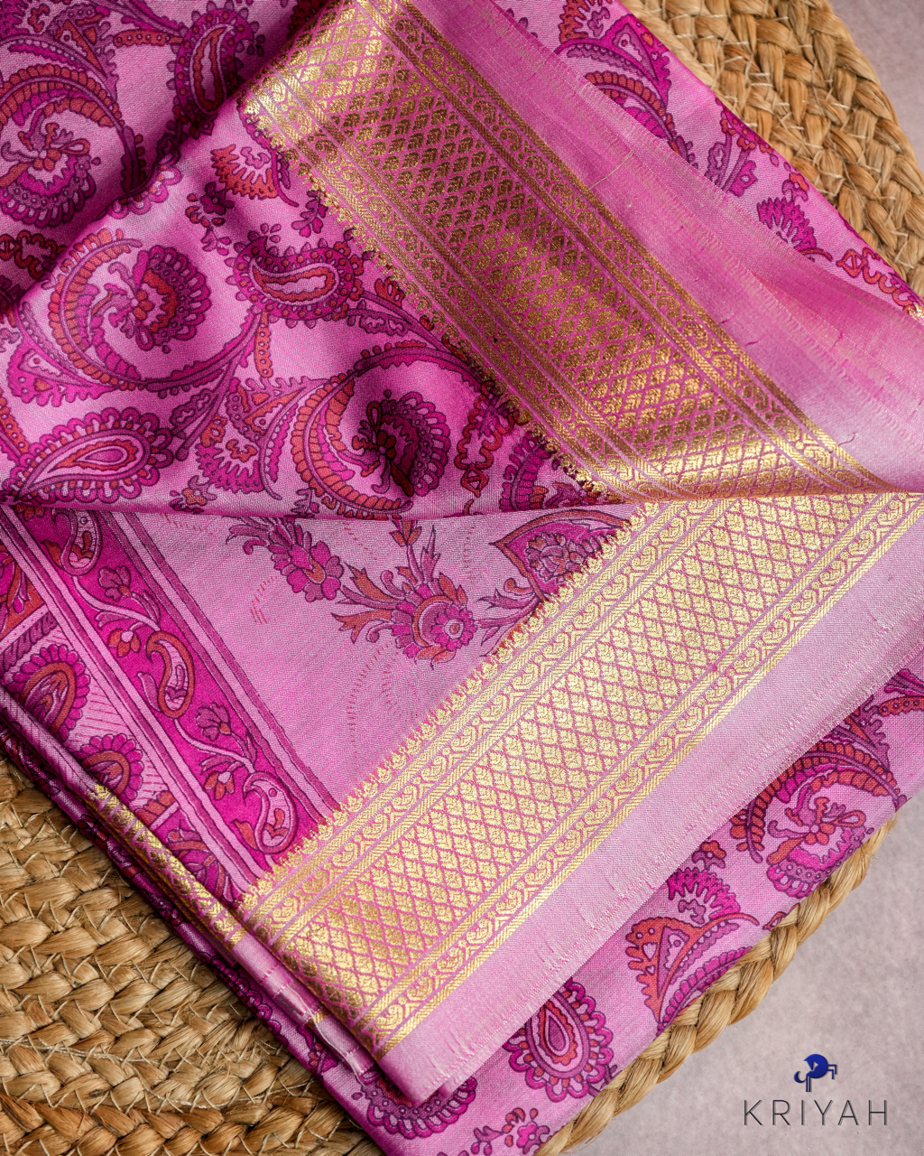 PAISLEY PRINTED SILK WITH BORDER - DARK PINK