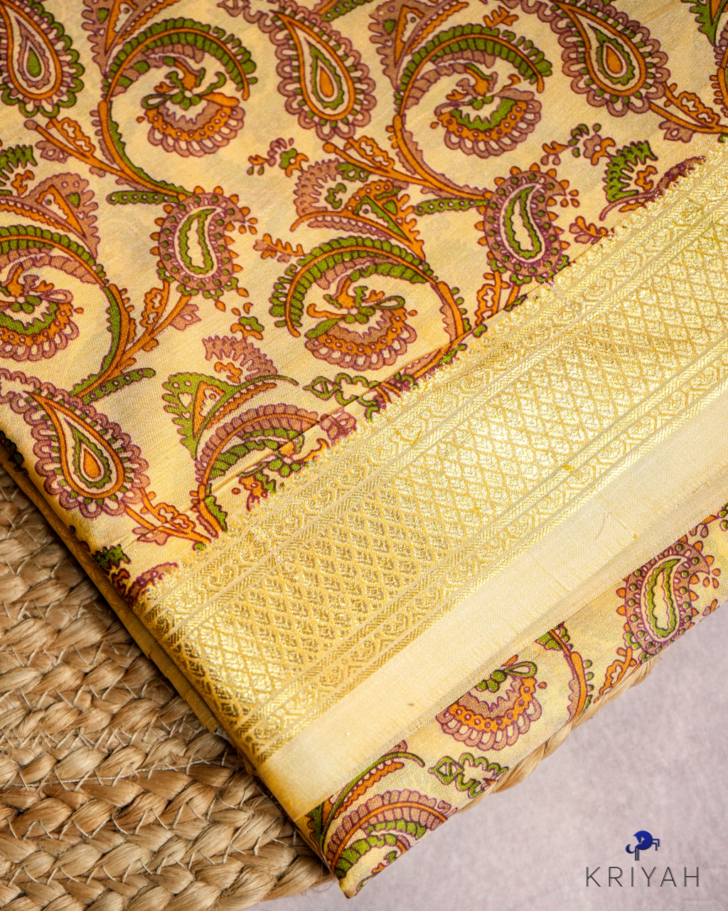 PAISLEY PRINTED SILK WITH BORDER - PASTEL YELLOW