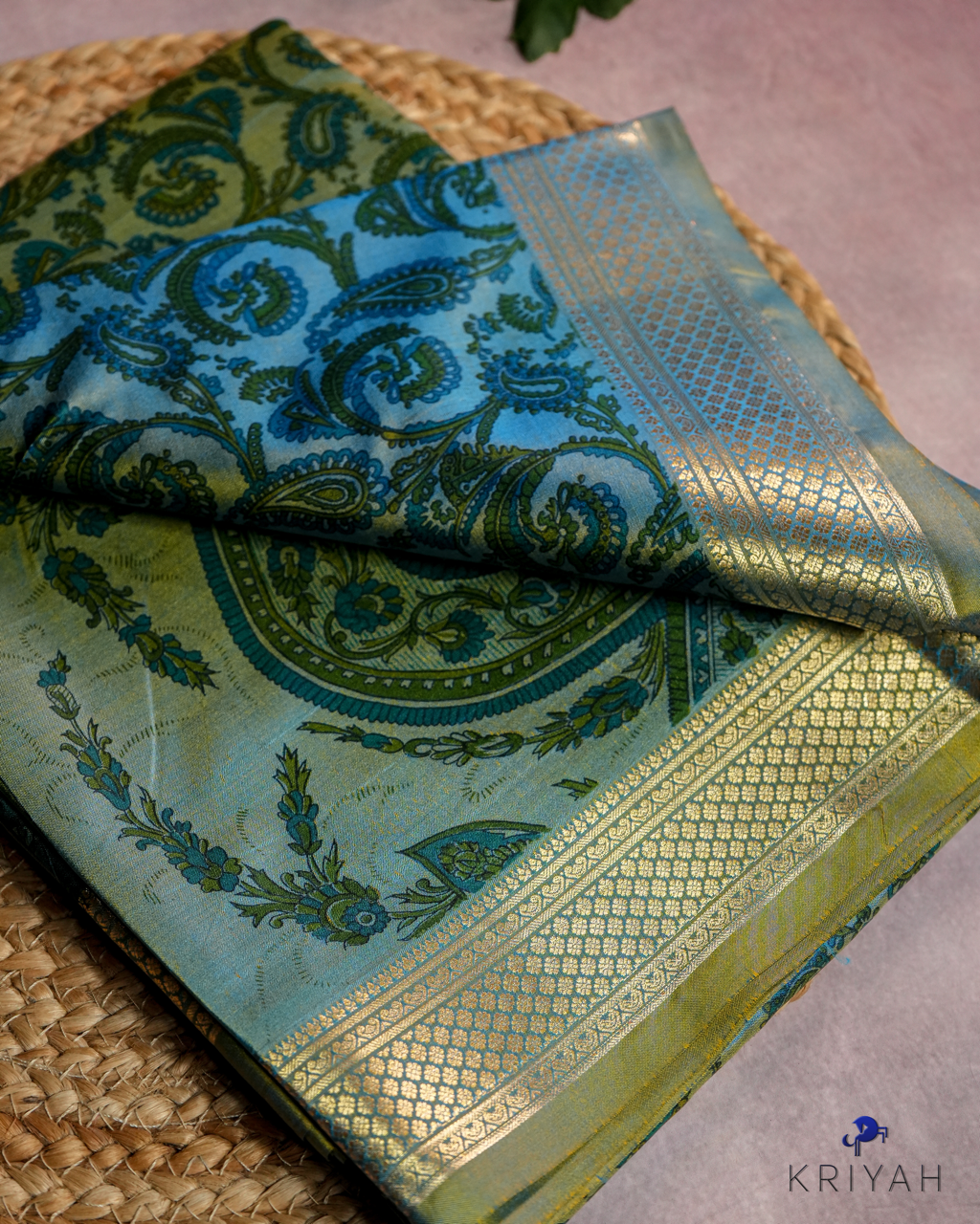 PAISLEY PRINTED SILK WITH BORDER - TEAL