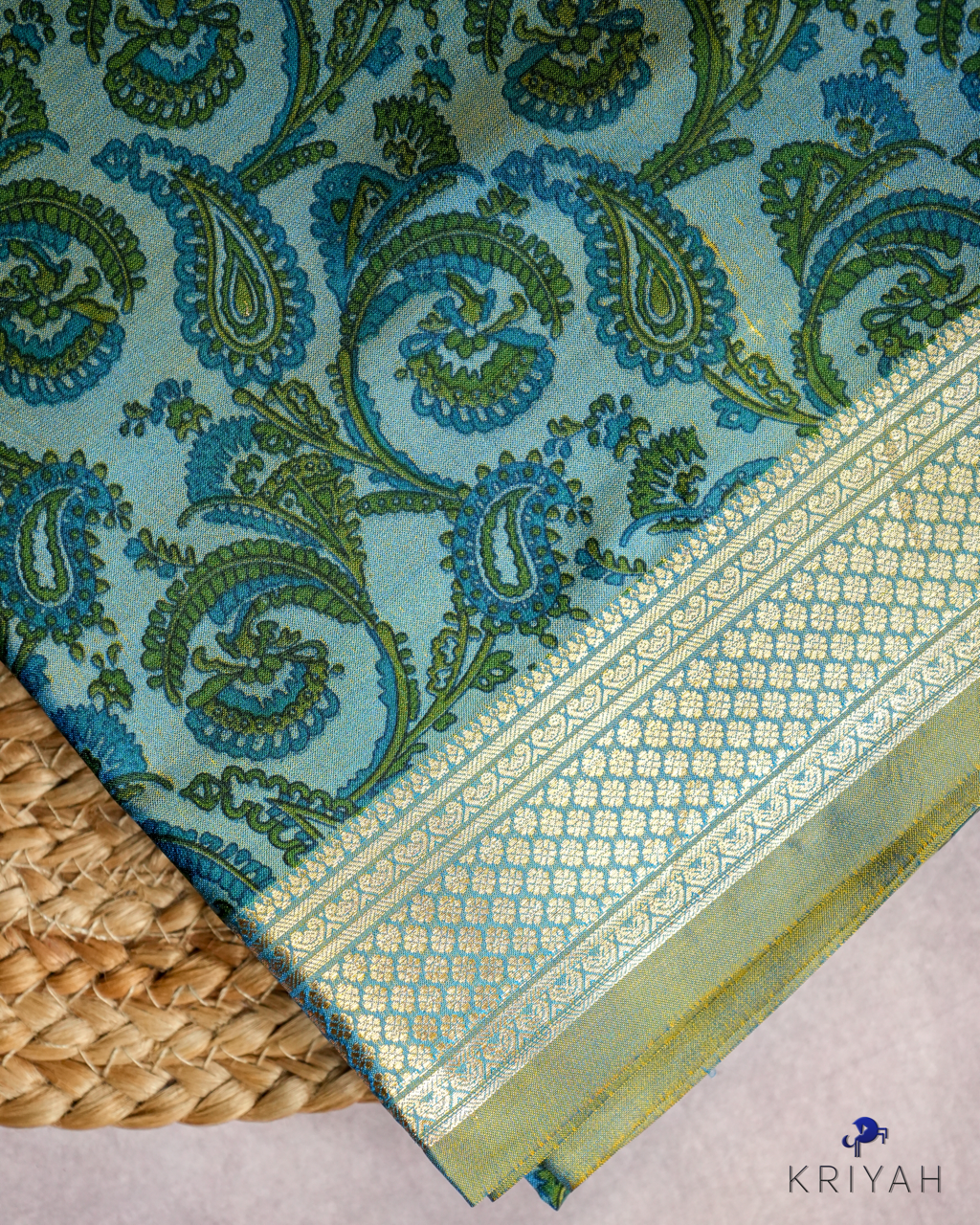 PAISLEY PRINTED SILK WITH BORDER - TEAL