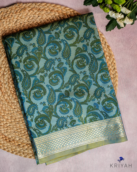 PAISLEY PRINTED SILK WITH BORDER - TEAL