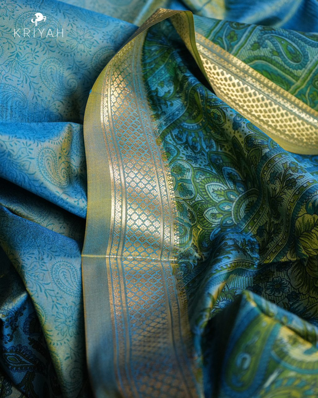 PAISLEY PRINTED SILK WITH BORDER - TEAL