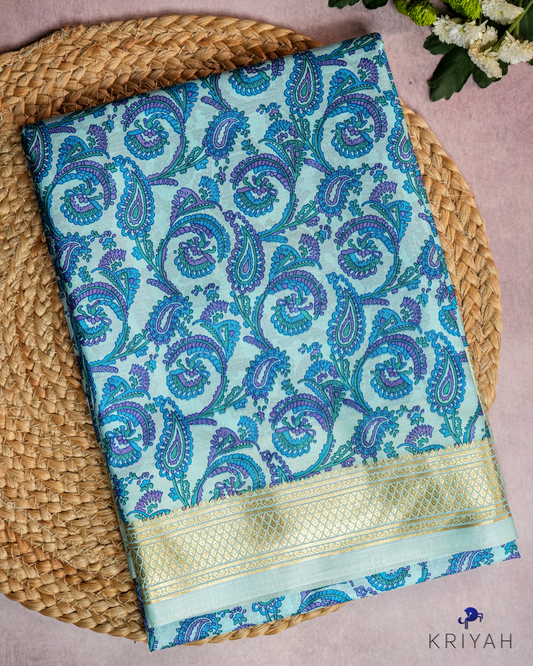 PAISLEY PRINTED SILK WITH BORDER - LIGHT BLUE