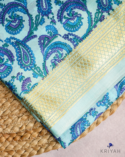 PAISLEY PRINTED SILK WITH BORDER - LIGHT BLUE
