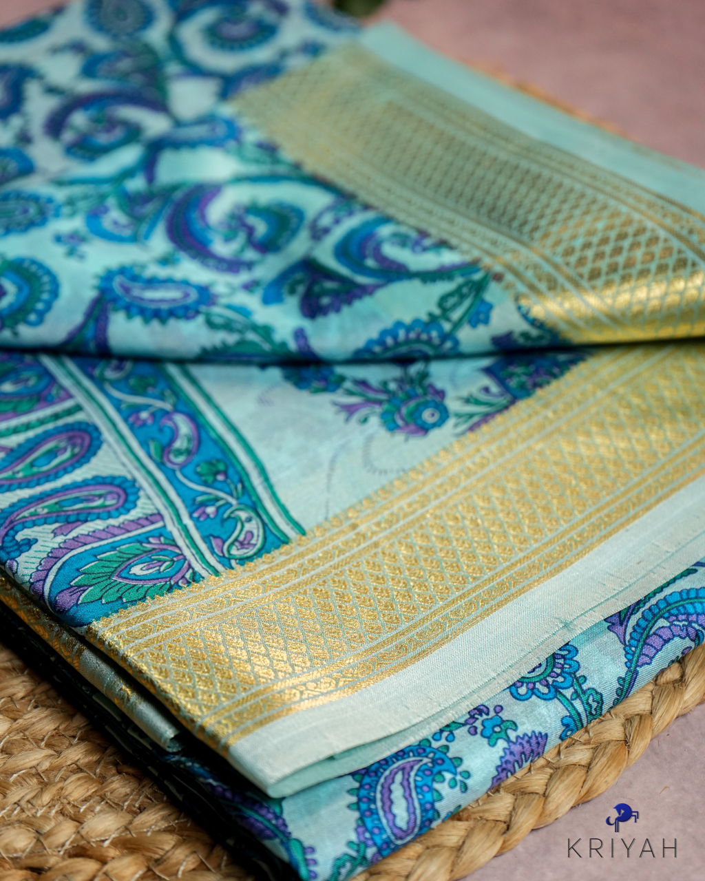 PAISLEY PRINTED SILK WITH BORDER - LIGHT BLUE
