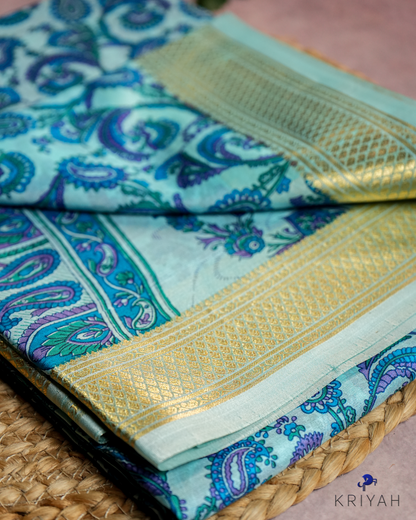 PAISLEY PRINTED SILK WITH BORDER - LIGHT BLUE