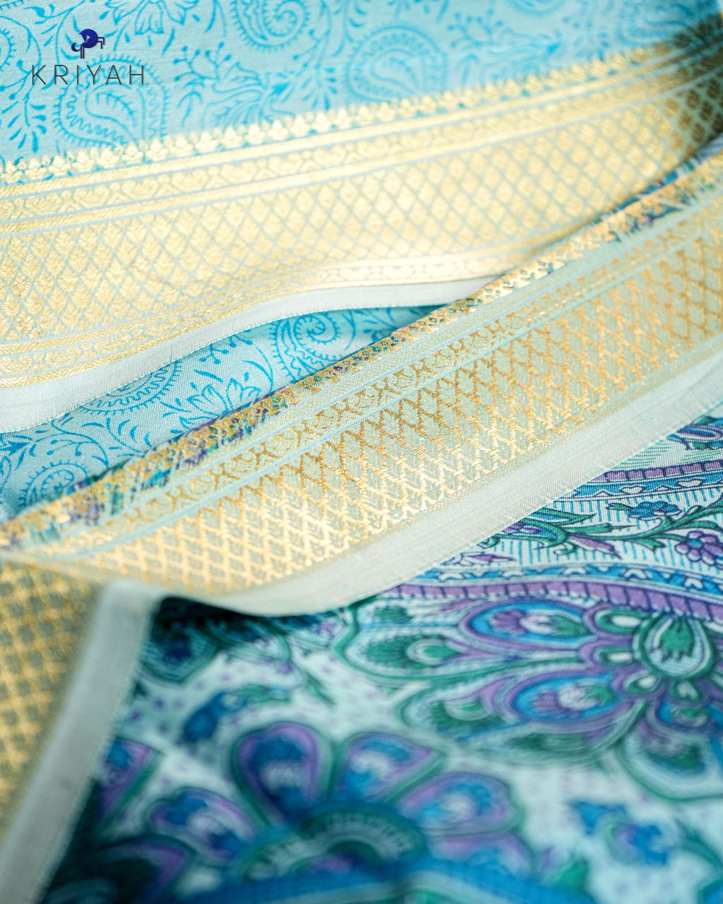 PAISLEY PRINTED SILK WITH BORDER - LIGHT BLUE