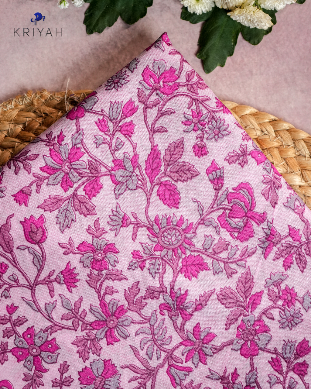 FLORAL PRINTED SILK WITH BORDER - LIGHT PINK