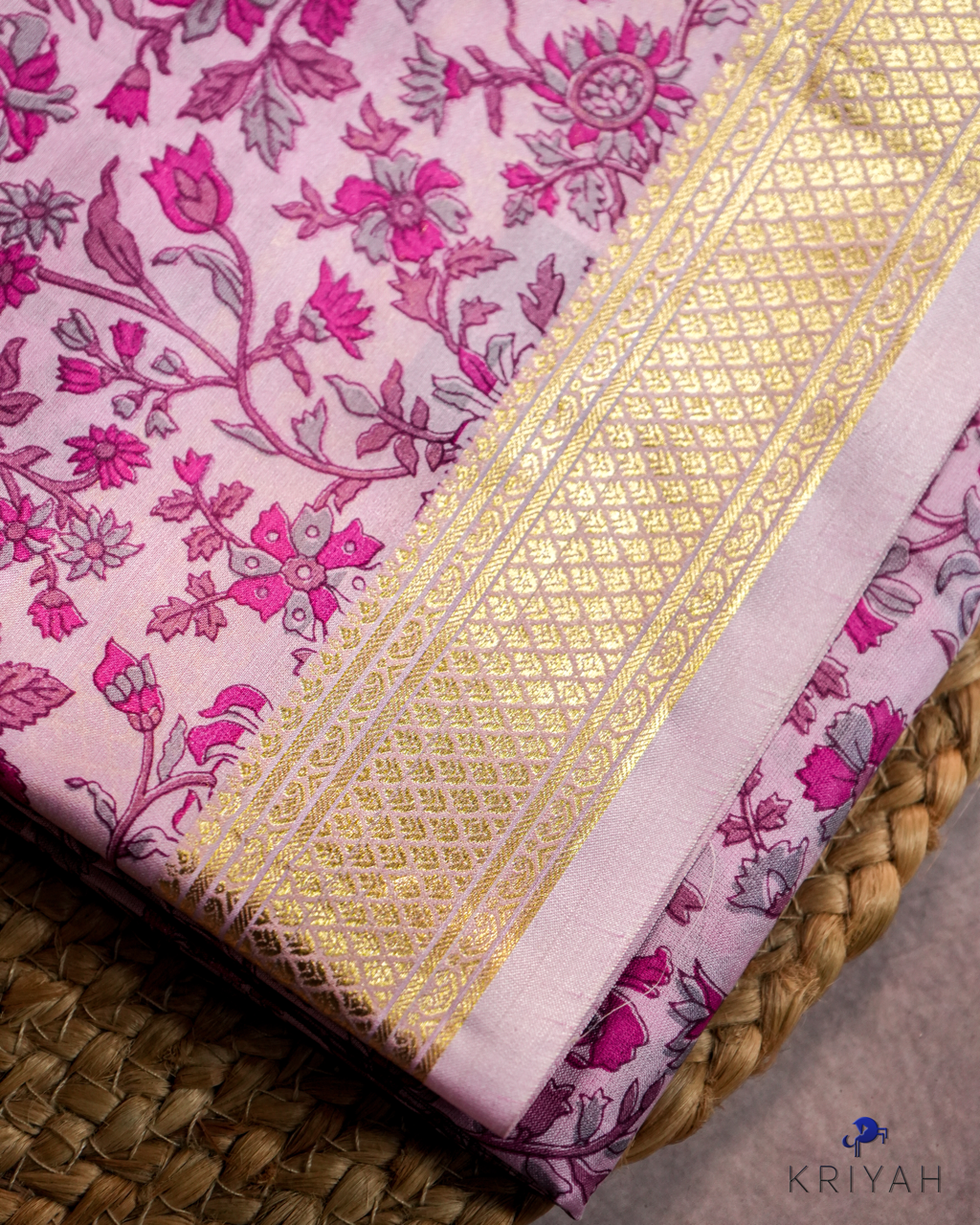 FLORAL PRINTED SILK WITH BORDER - LIGHT PINK