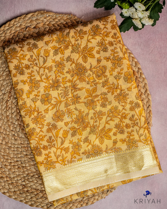FLORAL PRINTED SILK WITH BORDER - LEMON YELLOW