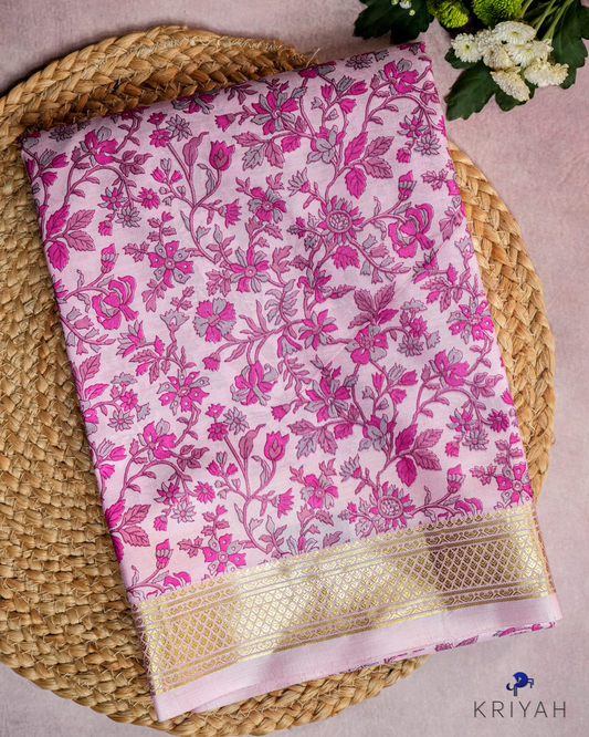 FLORAL PRINTED SILK WITH BORDER - LIGHT PINK