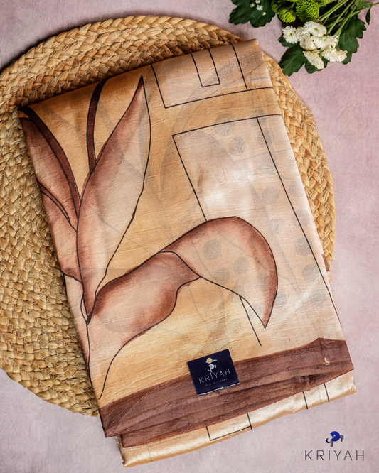 ABSTRACT PRINTED DUPION SILK SAREE - SAND