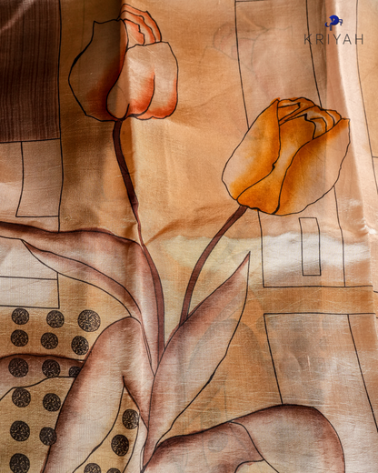 ABSTRACT PRINTED DUPION SILK SAREE - SAND