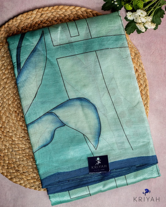 ABSTRACT PRINTED DUPION SILK SAREE - TURQOISE