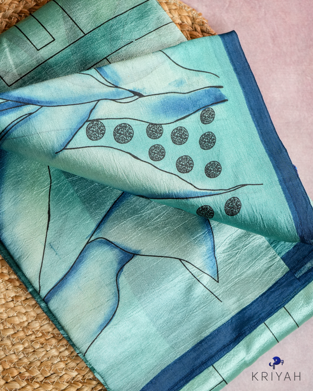 ABSTRACT PRINTED DUPION SILK SAREE - TURQOISE