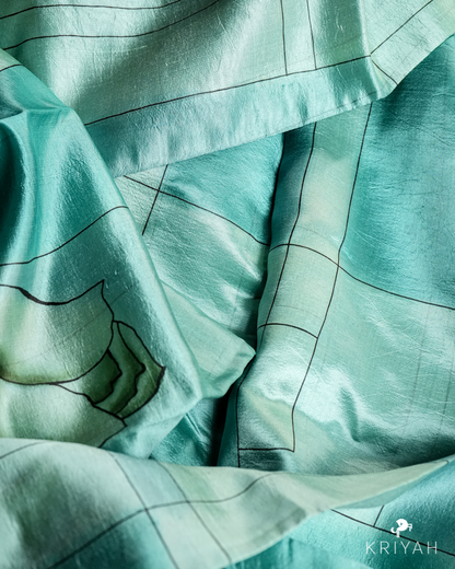 ABSTRACT PRINTED DUPION SILK SAREE - TURQOISE