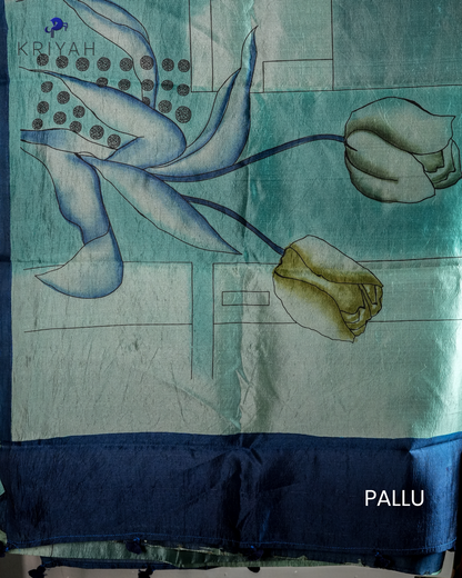 ABSTRACT PRINTED DUPION SILK SAREE - TURQOISE