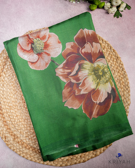 PRINTED SILK SAREE - DARK GREEN