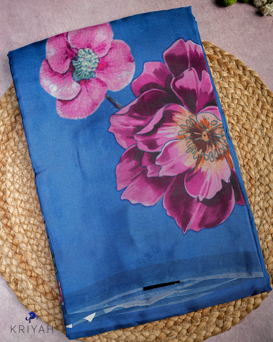 PRINTED SILK SAREE - STEEL BLUE