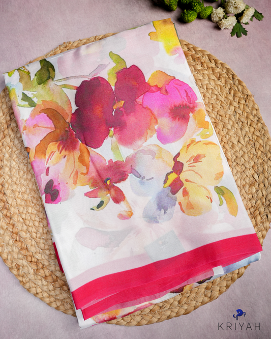 PRINTED SILK SAREE - WHITE FLORAL