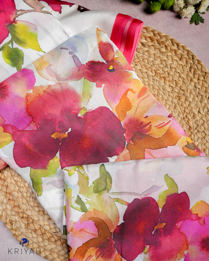 PRINTED SILK SAREE - WHITE FLORAL