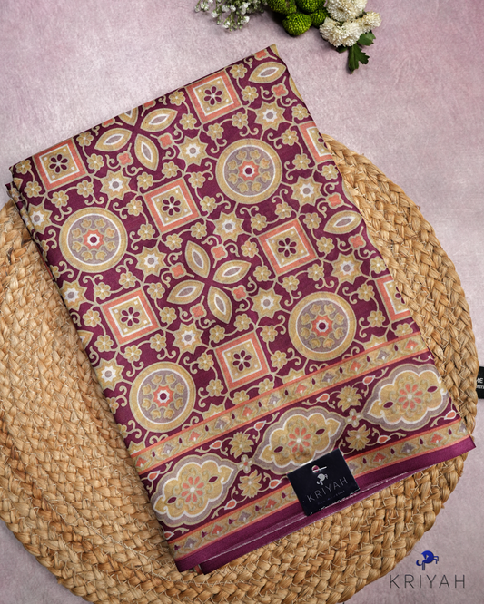 PRINTED SILK SAREE AJRAK  - MAROON