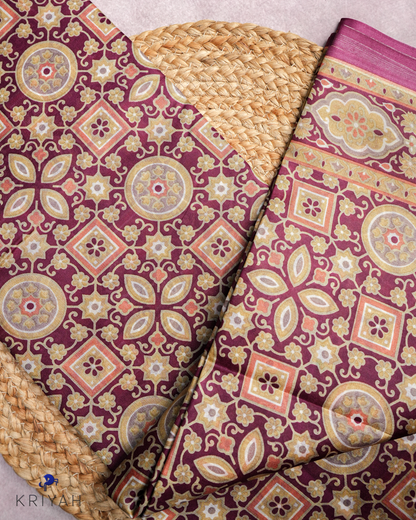 PRINTED SILK SAREE AJRAK  - MAROON