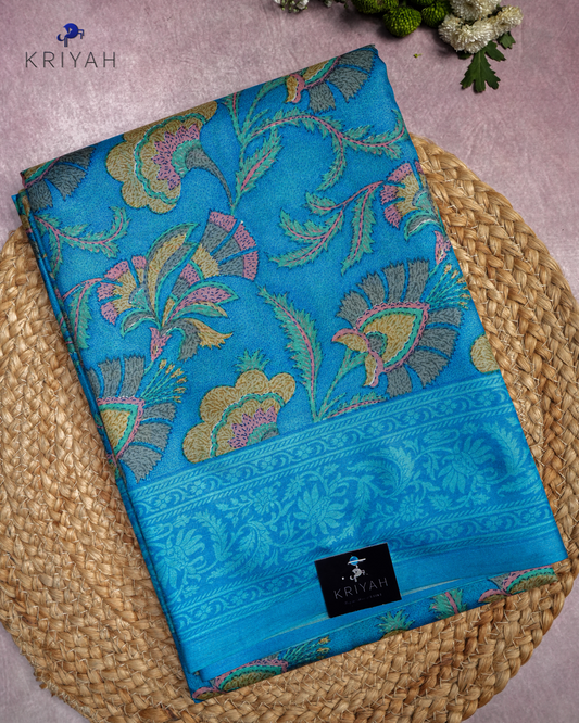 PRINTED SILK SAREE KALAMKARI - BLUE