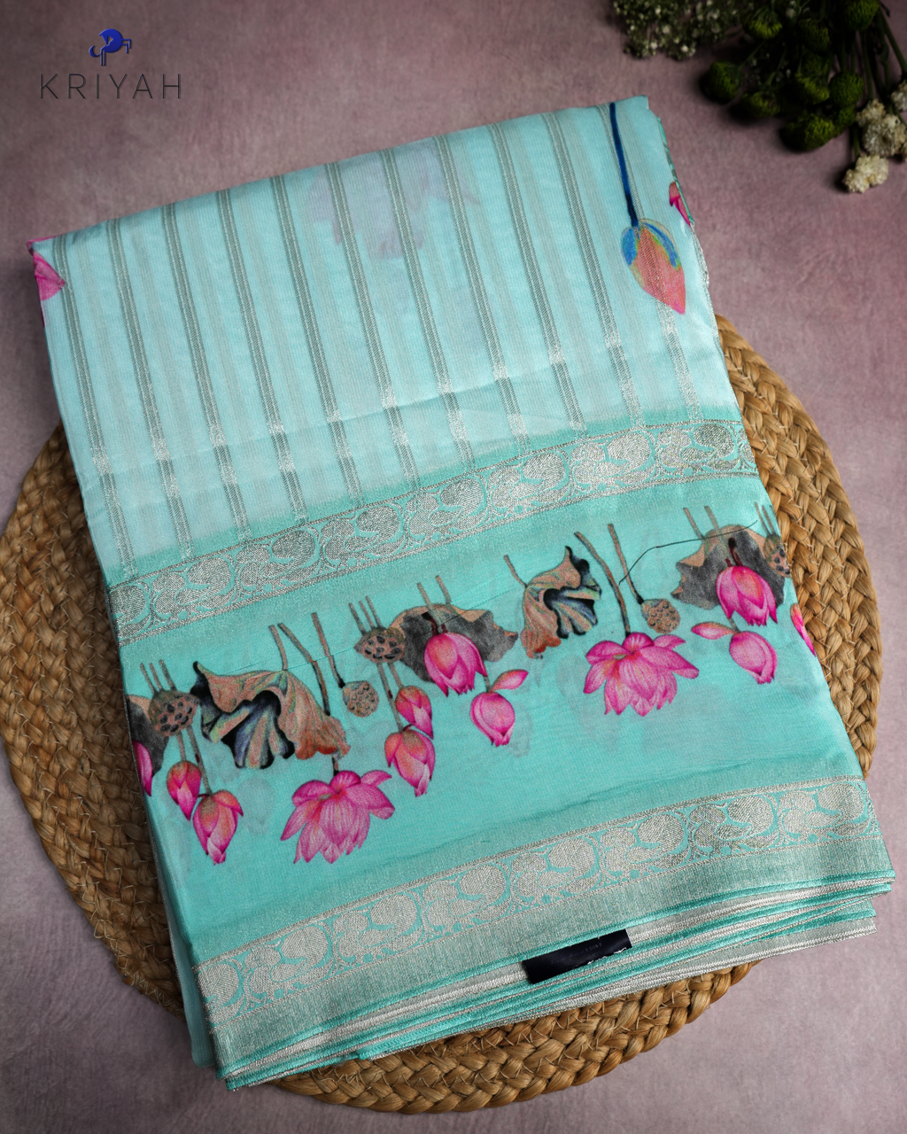 LOTUS PRINTED CREPE SAREE - SKY BLUE