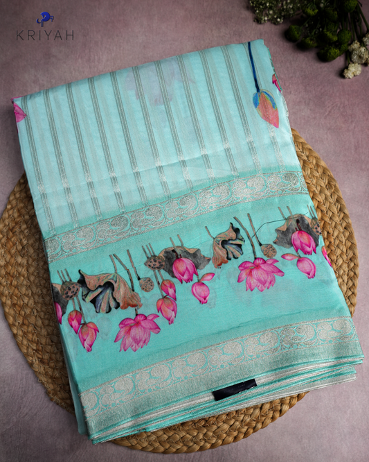 LOTUS PRINTED CREPE SAREE - SKY BLUE
