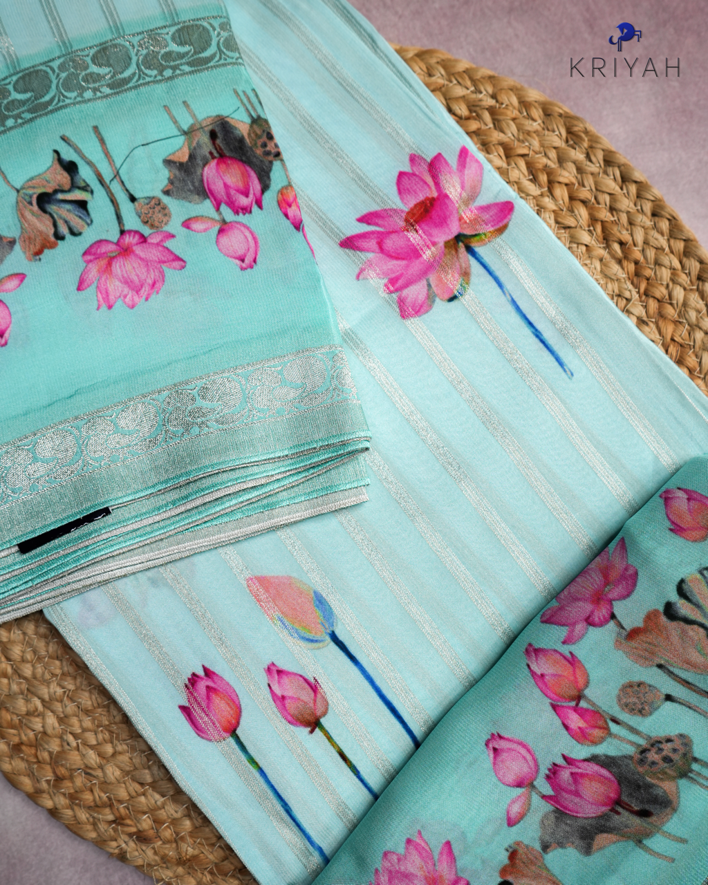 LOTUS PRINTED CREPE SAREE - SKY BLUE