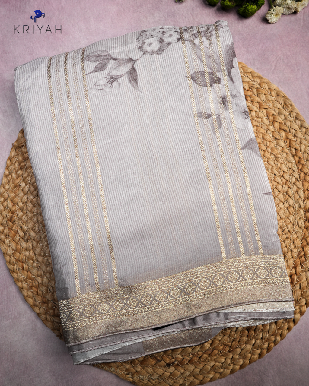 FLORAL PRINTED CREPE SAREE - TAUPE